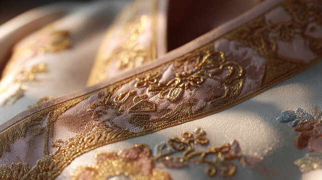 elegant korean traditional hanbok fabric with gold embroidery, luxury silk textile for lunar new year aesthetic, close up of premium oriental clothing detail