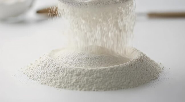 Fine white powder cascading from a sieve onto a clean surface