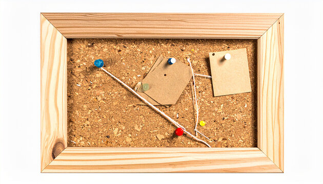 Cork bulletin board with wooden frame showing string connecting pushpins and tags with blank