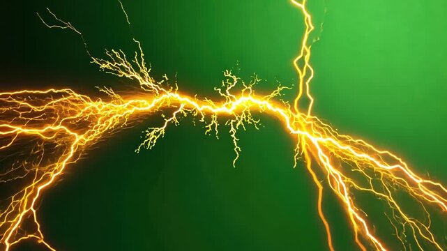 Electric Surge: A striking depiction of raw electrical power, with vibrant yellow lightning bolts slashing across a verdant background, illustrating nature's raw energy.