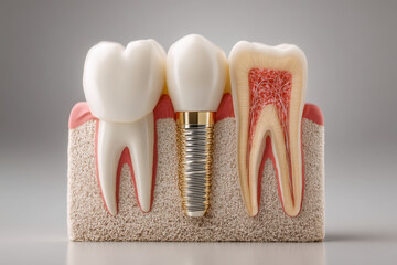 Obraz premium Anatomical jaw cross-section illustrating integrated dental implant with surrounding tissue layers