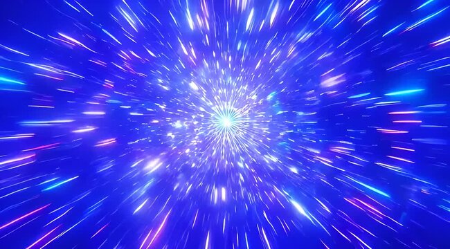 Abstract blue light speed background with bright rays in hyperspace tunnel