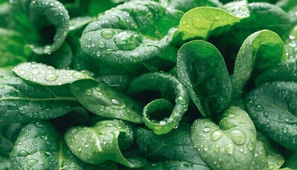 Macro view of fresh baby spinach leaves with water droplets forming a natural green food background.