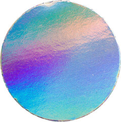 Holographic circle sticker with iridescent neon texture isolated on white background