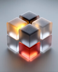 Three frosted cubes with bright colored faces aligned on smooth neutral tabletop