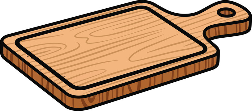 Rectangular wooden cutting board with handle shown at an angle displays.