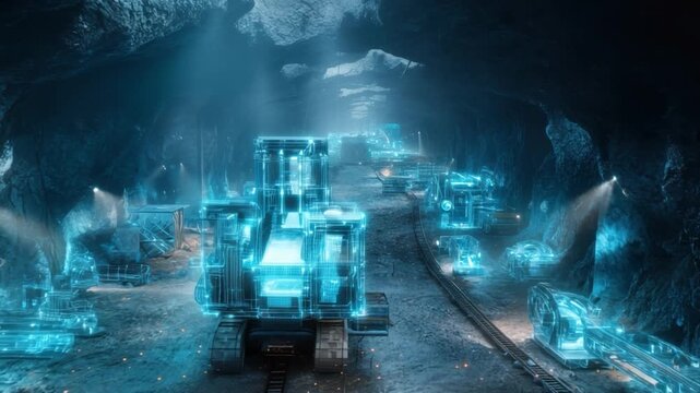 Technological Innovation: A futuristic mine setting, showcasing advanced machinery in operation. The scene glows with blue light, implying cutting-edge technology and modern industrial processes. 