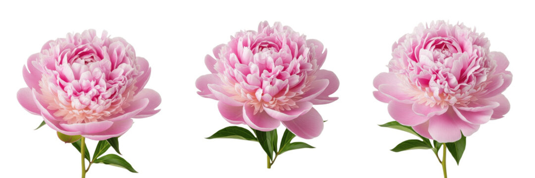 Set of three beautiful blooming pink peony flowers with green leaves isolated on white background