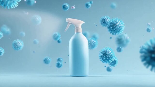 Sanitizing Spray's Defense: An essential bottle of sanitizing spray amidst a flurry of viral invaders, symbolizing cleanliness and safeguarding against germs.