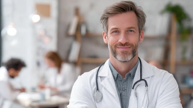 Smiling Doctor with Stethoscope: A confident doctor, donned in a white coat and stethoscope, stands proudly, embodying health, expertise, and care.