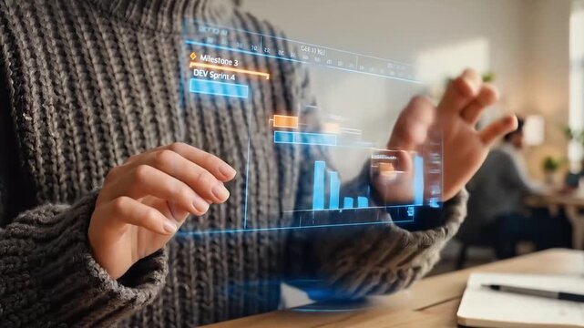 Project Manager interacting with holographic Gantt chart on a transparent display in a modern office environment. 4k Footage