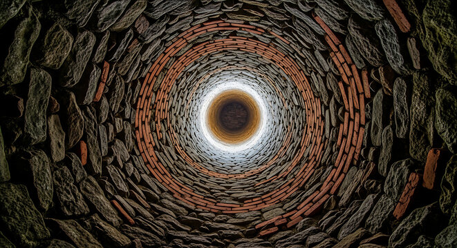 Looking up through a deep cylindrical well constructed of rough stone and brick
