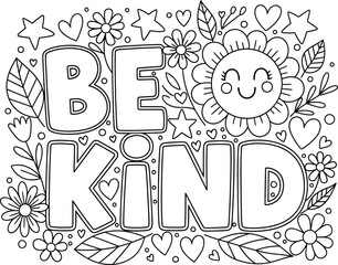Be kind coloring page with floral and heart designs