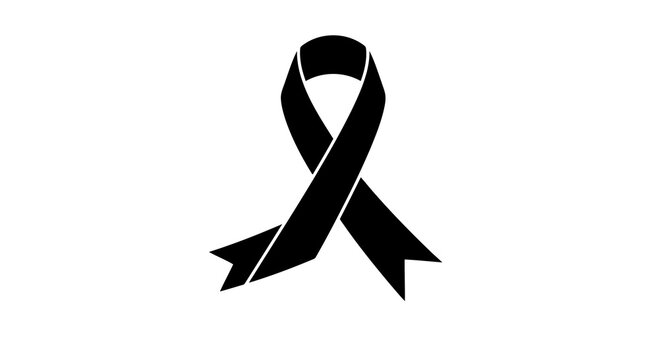 A black ribbon symbolizing mourning or remembrance on a white background.