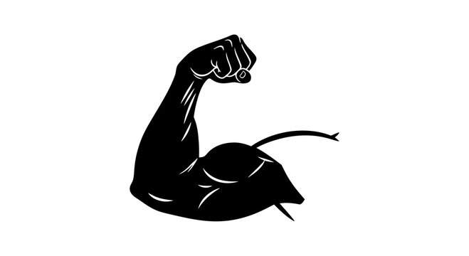 A black and white graphic of a flexed arm showing muscle strength and power.