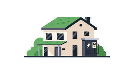 Electric house with green roof and charging station.