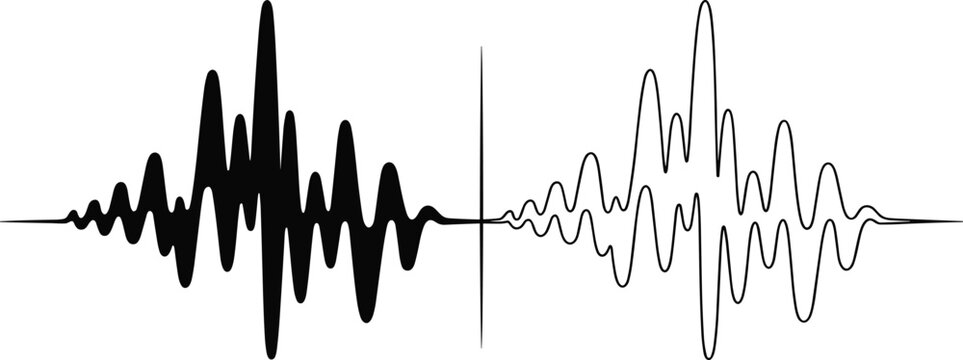 Abstract audio waveform signal visualization showing sound frequency waves for music recording broadcasting and digital audio technology isolated minimal black vector illustration