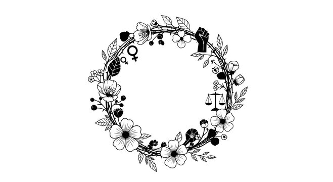 A beautiful black and white floral wreath with initials on a plain background.
