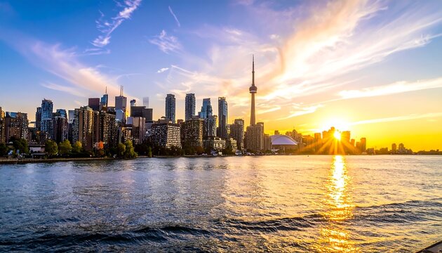 Torontos Skyline Shimmers at Sunset - A Captivating Urban Landscape.