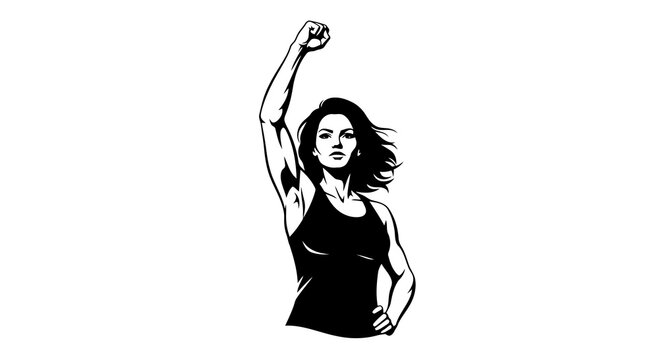 A confident woman with her fist raised in empowerment and solidarity.