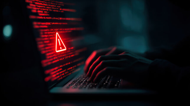 Cybersecurity warning shows hands typing on a keyboard in a dark room with red warning sign on screen indicating a potential threat