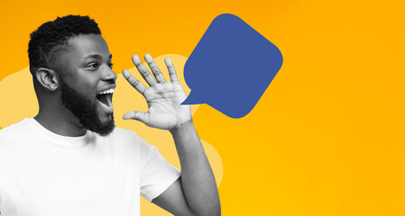 A man stands with a big smile, raising his hand in a gesture of excitement. The background shows bright colors, adding energy to his expression. A speech bubble appears next to him. © Prostock-studio