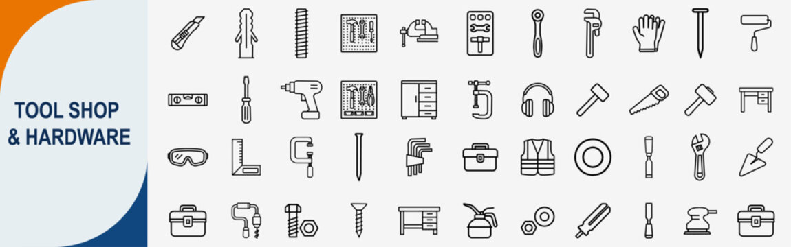Tool shop and hardware equipment icons set, outline symbols for construction repair maintenance and diy home improvement vector illustration