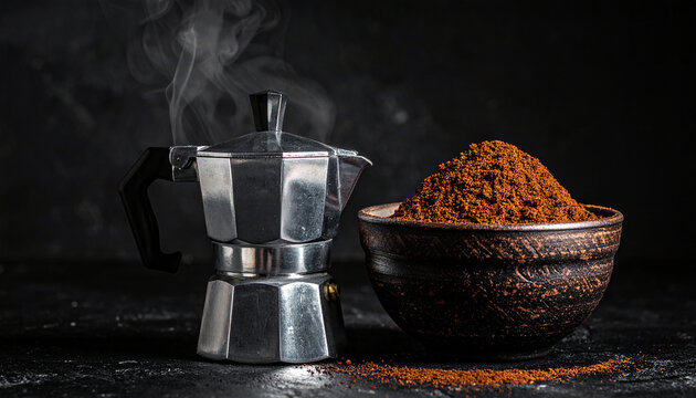 Steaming Moka Pot Coffee Maker Next to a Bowl Overflowing with Rich Dark Coffee Grounds on a