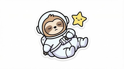 Cute Kawaii Sleepy Sloth Astronaut Vector, Sloth in Spacesuit Floating with Star, Isolated Sticker Design