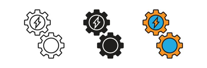 Two gears with a lightning bolt symbol representing electrical engineering, industrial energy settings, mechanical power, and technical maintenance process.