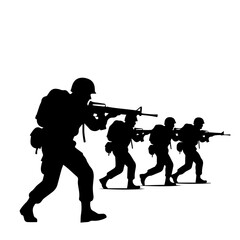Obraz premium Silhouette March: A determined team of soldiers advances in unison, weapons raised, showcasing their unwavering resolve and the intensity of their mission.