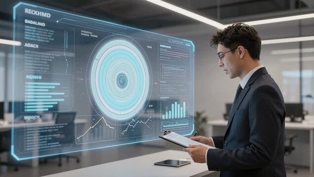 Businessman Analyzing Data Trends with Advanced Technology in Modern Office Setting