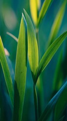 Obraz premium Macro close-up of fresh green grass blades illuminated by soft sunlight gradient.