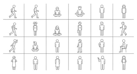 Fototapeta premium minimalist people icons set illustrating diverse human figures in various poses ideal for web design infographics and conceptual projects