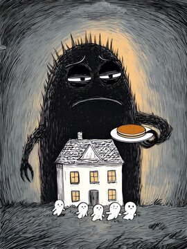 Una criatura monstruosa sostiene una casa en un plato, mientras fantasmas observan con temor.