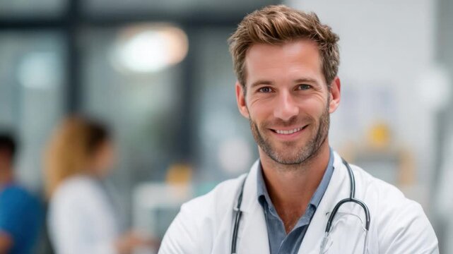 Professional Portrait of a Doctor: A confident and empathetic doctor stands in a bright medical setting, exuding expertise and care, creating a reassuring atmosphere.