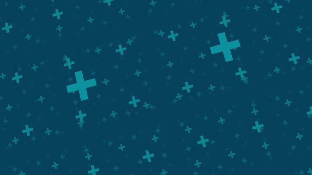 Seamless pattern of teal medical plus symbols on a dark blue background creating a clean healthcare and pharmaceutical medical branding concept