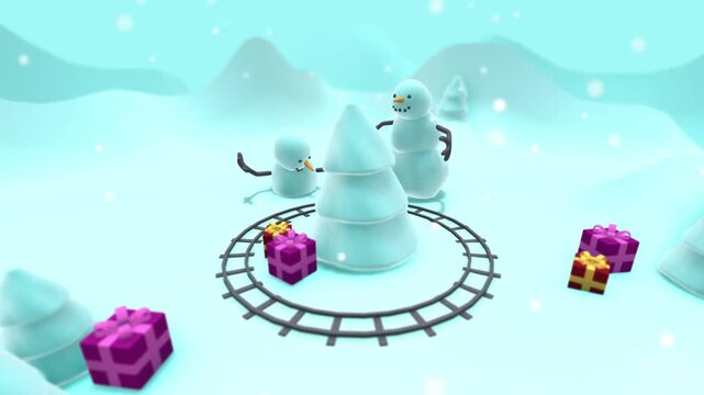 Playful snowmen watching a miniature toy train circle a snowy pine tree in a bright winter wonderland landscape with colorful gift boxes