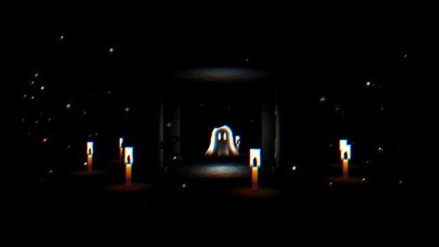 Candid closeup of a pixelated ghost character surrounded by warm flickering candles in a dark cinematic setting with vibrant glitch distortion