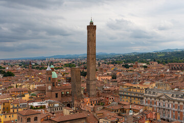 Fototapeta premium Bologna view from the top of Torre Prendiparte o Coronata ((Prendiparte or Coronata Tower) with the most famous city attractions in the background