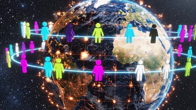A vibrant illustration of diverse people connected by lines around the Earth, symbolizing global unity on World Population Day against a starry night background.