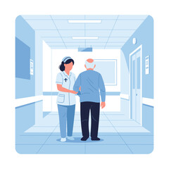 Fototapeta premium Woman Helping Man Walk Down Hospital Corridor