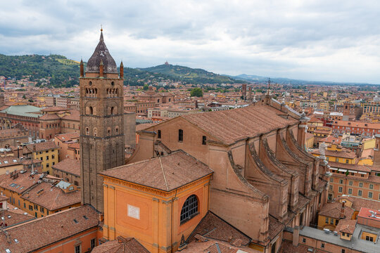 Bologna view from the top of Torre Prendiparte o Coronata ((Prendiparte or Coronata Tower) with Metropolitan Cathedral of Saint Peter in the background