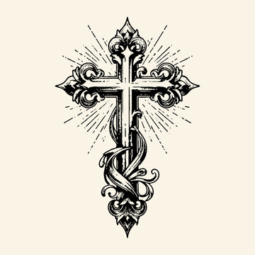 Ornate Baroque Cross with Ribbon and Radiant Rays Illustration