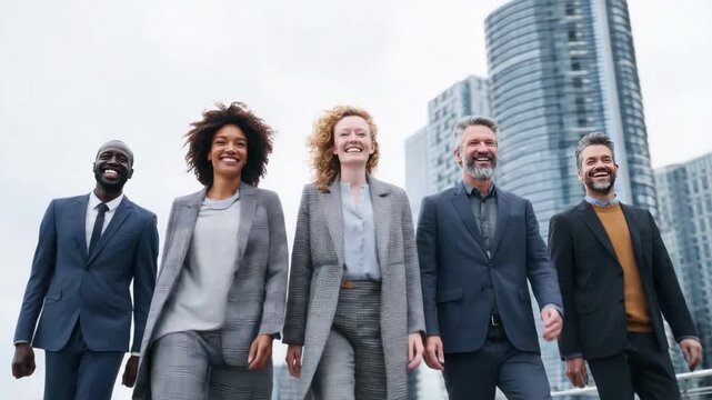 Ascending to Greatness: A diverse group of confident professionals strides purposefully towards success, the cityscape serving as a powerful backdrop to their ambition.