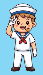 Cute Sailor Boy Cartoon Character Vector Illustration, Young Mariner in White Uniform with Hat and Smoking Pipe Showing Peace Sign, Nautical Mascot Isolated on Blue Background