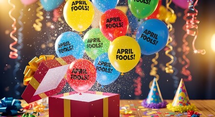 A colorful celebration scene with balloons and confetti for April Fools' Day