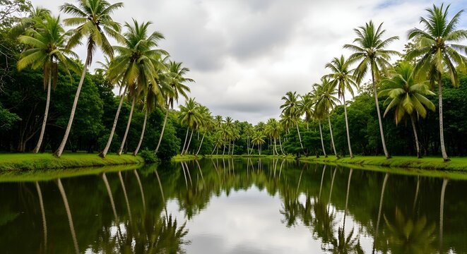Lush greenery with Palm trees or Coconut trees and Backwater A Shot from Kanyakumari District, Tamil Nadu, India