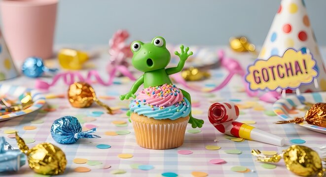 A colorful party table with a frog figurine on a cupcake