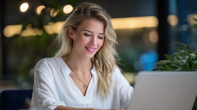 The Radiant Professional: A focused and serene professional woman working diligently on her laptop, bathed in natural light, exuding confidence and composure.